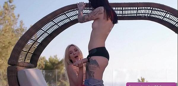  Sexy hot lesbian babes Aiden Ashley, Goth Charlotte enjoy fucking hard with thick strap-on dildo outdoors for intense orgasms